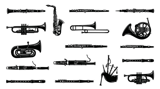 Black and White Line Art of Various Musical Instruments for Orchestra