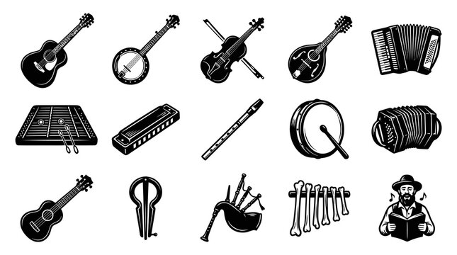 Black and White Vector Icons of Musical Instruments for Music Industry