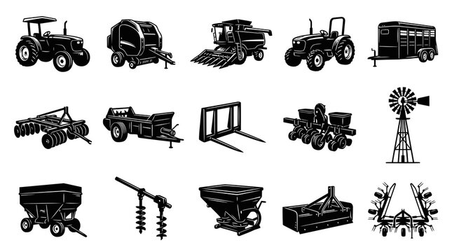 Agricultural Farm Machinery and Equipment Black  White Graphic Vector Silhouettes Set