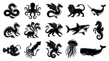 Obraz premium Mythical Beasts Ocean Animals Black White Glyph Vector Icon Set
