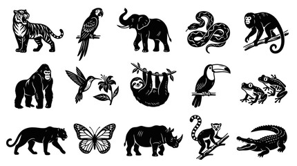 Fototapeta premium Black and White Glyph Rainforest Jungle Animals Icon Set. Tropical Wildlife Creatures and Fauna Vector Collection.