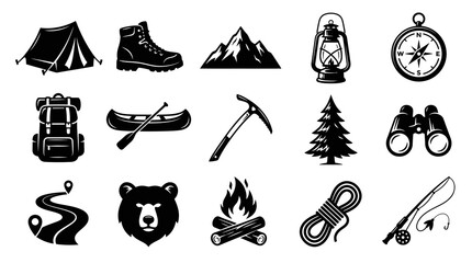 Fototapeta premium Outdoor Camping Adventure Icons Set. Hiking, Wilderness Nature Gear Glyph Silhouettes Black White