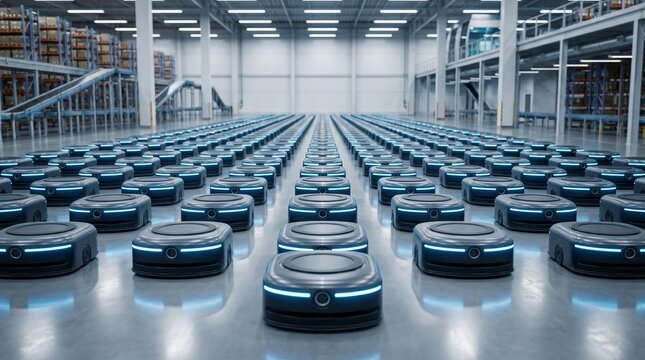 Fileiras infinitas de rob&ocirc;s aut&ocirc;nomos de log&iacute;stica organizados em um centro de distribui&ccedil;&atilde;o moderno com conceito de Ind&uacute;stria 4.0 e f&aacute;brica inteligente.