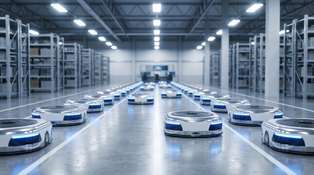 近未来的なスマート物流倉庫内に整然と並ぶ無人搬送車（AGV）ロボットの遠近感のある風景