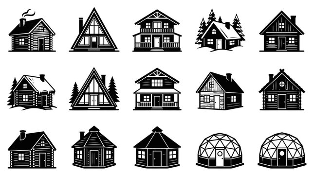Black and White Vector Icons of Various Houses and Domes for Construction