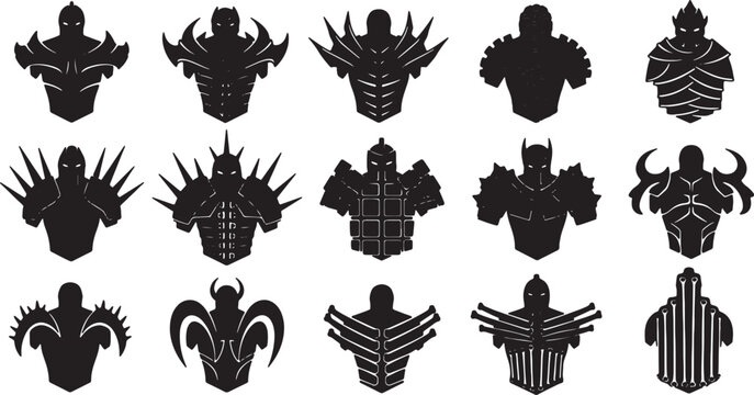 Collection of 15 black vector silhouettes depicting fantasy warrior armor and character busts, featuring spiked pauldrons, horned helmets, and stylized plate mail designs on a white background.