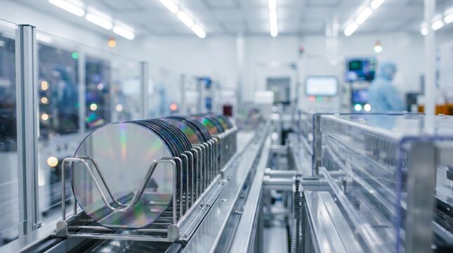 Highly reflective silicon wafers in a holding rack on a high-tech semiconductor cleanroom manufacturing line