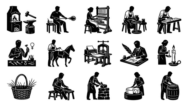 Vintage Professions  Craftsmanship: Black  White Glyph Vector Icons of Traditional Artisans at Work