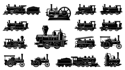Obraz premium Vintage Steam Locomotives and Engines Collection Black and White Line Art Glyph Vector Set