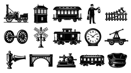 Obraz premium Vintage Railway Icons Collection: Black White Line Art Train, Conductor Railroad Elements