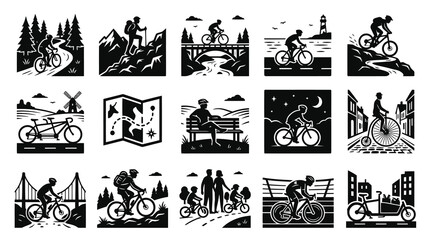 Fototapeta premium Black and White Glyph Icons Set depicting Cycling, Outdoor Recreation, and Travel Adventures