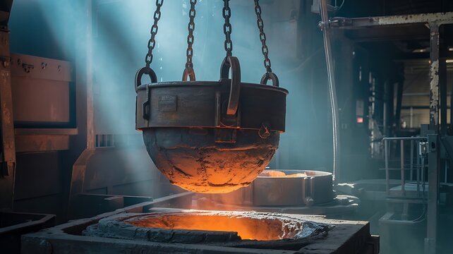 Molten metal pouring in industrial foundry with steel manufacturing production concept