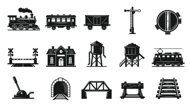 Black  White Railway Transportation Glyph Icons Set with Trains, Stations, Tracks, and Rail Elements