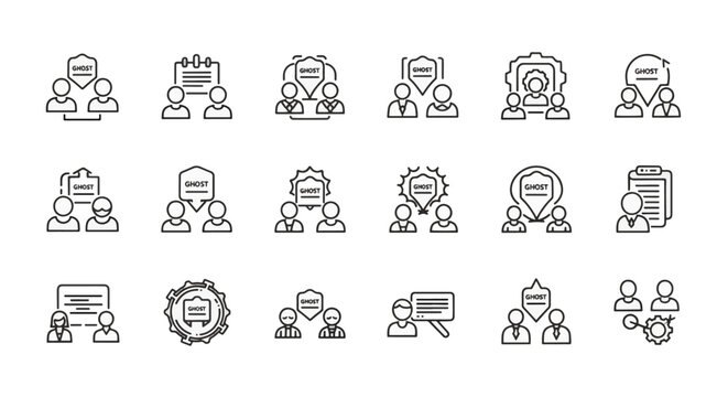 Minimalist black outline icon set featuring human silhouettes, shields with the word GHOST, collaboration gears, speech bubbles, and clipboards for ghostwriting or anonymous business.
