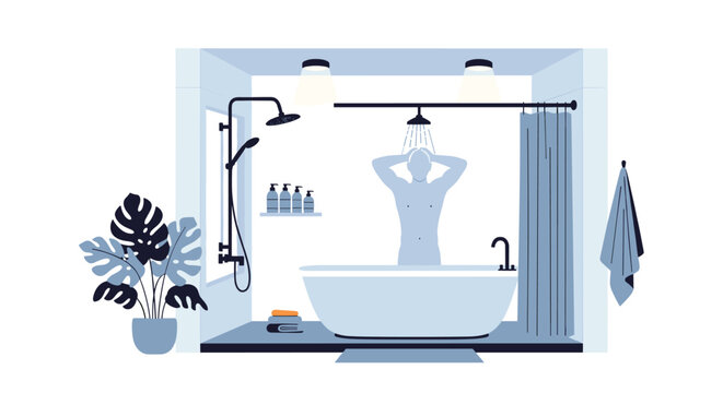 Silhouette of man taking refreshing shower in modern bathroom with bathtub and various hygiene products on shelf.