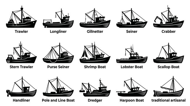 Fishing Boats Set - Black and White Line Art Icons for Marine Industry