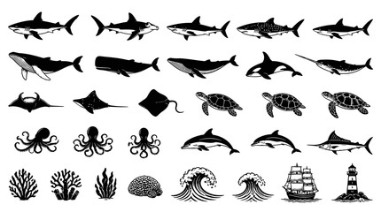 Fototapeta premium Black and white line art vector icons for marine life, ocean creatures, sea animals, and nautical elements collection.