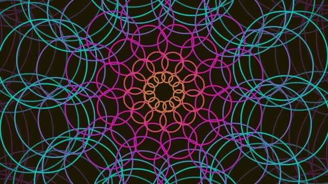 Abstract neon kaleidoscope animation with rotating geometric circles