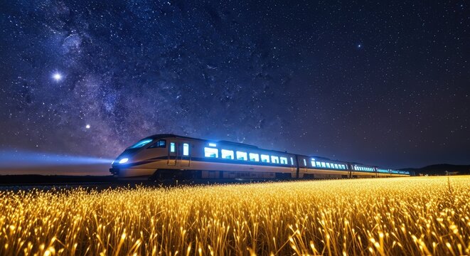 High speed train traveling through wheat field under starry night sky
