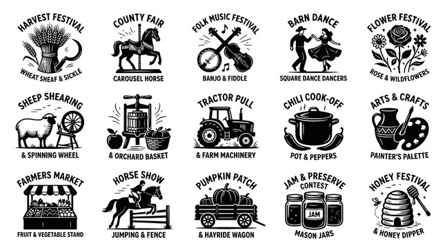 Rural Community  Agriculture Festival Black  White Line Art Icons Vector Set