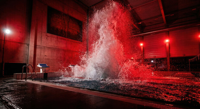 Dramatic splash at indoor pool under red lights: energy and motion captured in water