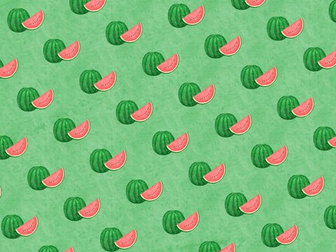 緑をバックにまるごと西瓜と切身の模様が入った背景素材イラスト