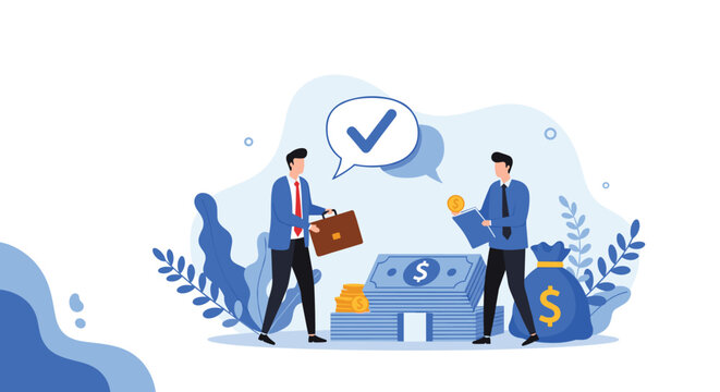 Successful business partnership involves two professional men agreeing on financial terms with money stacks and a briefcase.