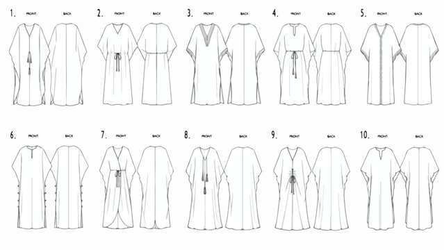 Fashion technical sketch of 10 kaftan dress styles, women's resort wear flat drawings, apparel design templates for manufacturing and tech packs