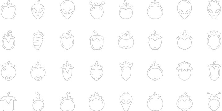 Minimalist black and white outline icon set featuring various fruit shapes like tomatoes and berries mixed with stylized alien head graphics on a plain white background.