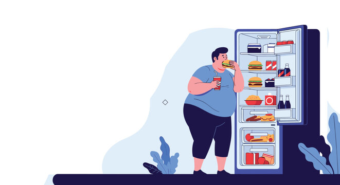 Overweight man standing in front of an open refrigerator late at night and eating a hamburger while holding a soda drink.