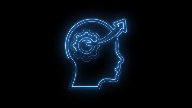 Blue neon outline of human head profile with internal gear and upward arrow signifying icon