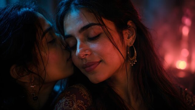 Two women share a gentle cheek kiss in blue and red light. Useful for friendship, affection, nightlife, wellness, and emotional lifestyle campaigns.