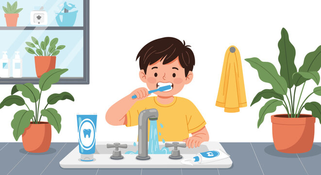 Young boy standing at a bathroom sink diligently brushes his teeth to maintain good dental hygiene and a healthy smile.