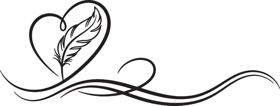 Minimalist black line art illustration featuring a stylized heart shape containing a detailed feather plume with elegant calligraphic scrolls and decorative flourishes at the base.