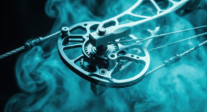 Close-up of compound bow mechanism with turquoise smoke, archery equipment details