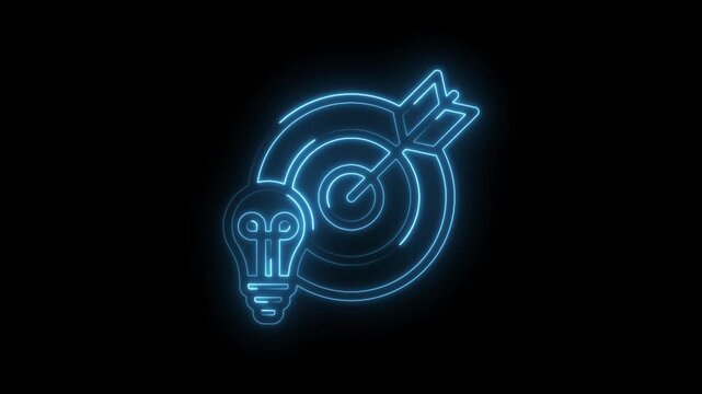 Blue neon light bulb and target with arrow glowing on black background concept for icon
