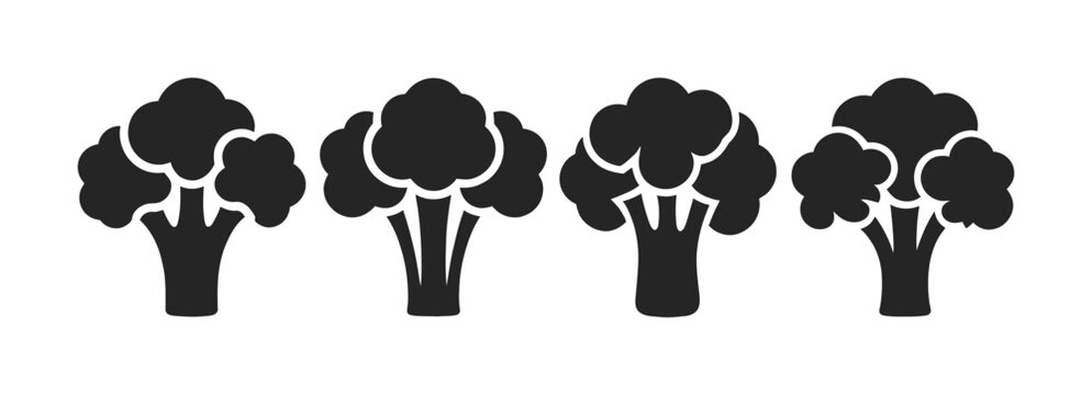 Four stylized black broccoli arranged in a row on a white background