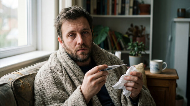 Sick middle aged man wrapped in blanket holds thermometer tissue at home looking tired near window flu season healthcare self care recovery fever cold illness awareness campaign concept