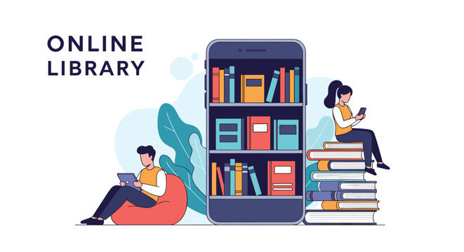 Online library mobile application concept shows people reading digital books on a smartphone and sitting on a large stack of books.