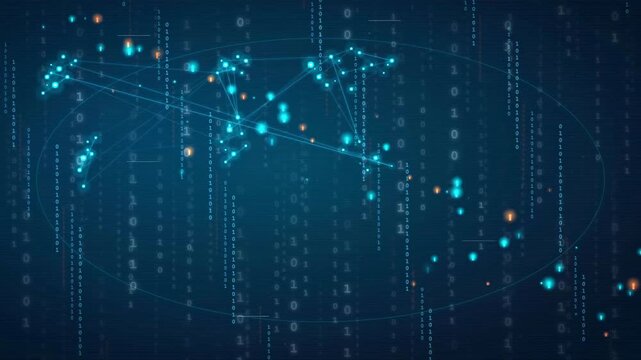 Abstract Digital Frontier Motion Graphic with Blue Network Connections and Binary Code Data Stream