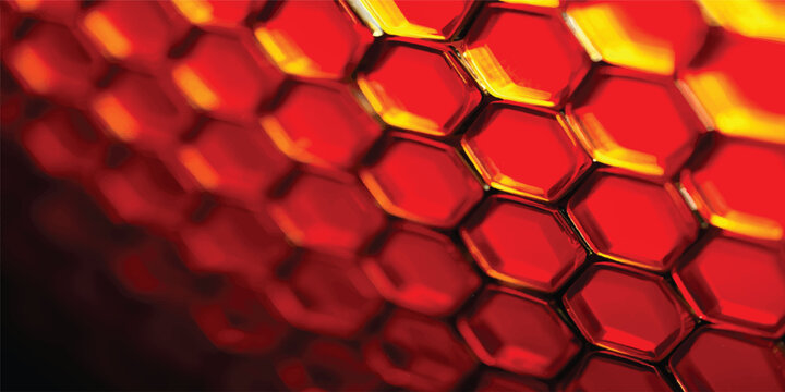 Seamless red abstract background featuring a geometric honeycomb pattern with 3d hexagon shapes and a modern metallic mesh texture