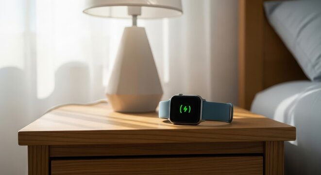 Smartwatch charging wirelessly on a wooden table near a lamp, powered by technology for modern life.