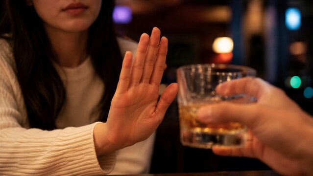 Woman refusing alcohol offered hand gesture in bar setting