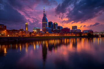 Obraz premium A vibrant sunset casts colorful hues on buildings reflected in a calm river. Dramatic clouds frame the urban skyline