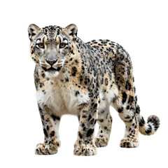 Fototapeta premium Beautiful snow leopard standing and looking straight at the viewer on a white background