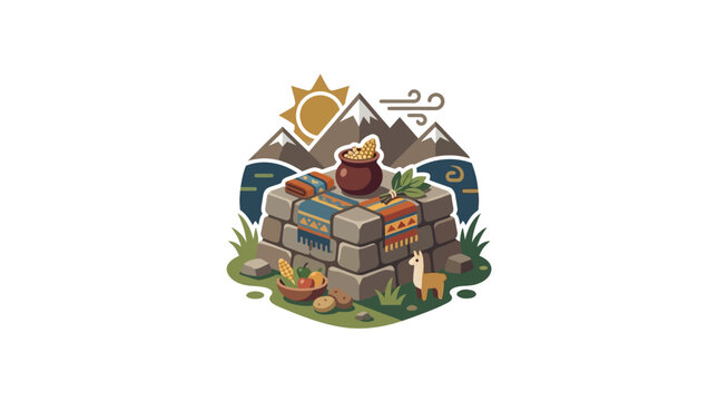 Colorful illustration of ancient ruins with llama