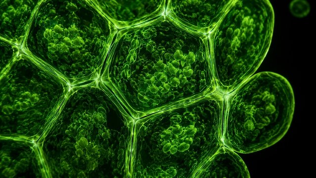Plant cells showing chloroplast structures under microscope
