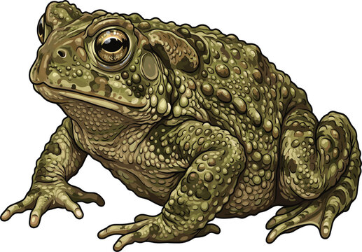 Detailed green bumpy common toad sitting side view vector illustration, textured wild amphibian isolated on white background