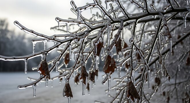 Frozen tree branches with ice and dead leaves in winter landscape scene outdoors