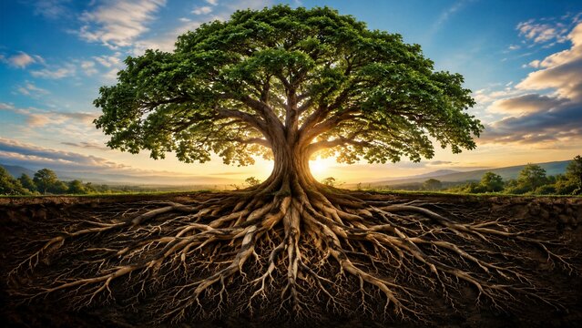 Large tree with exposed roots at sunrise in field landscape
